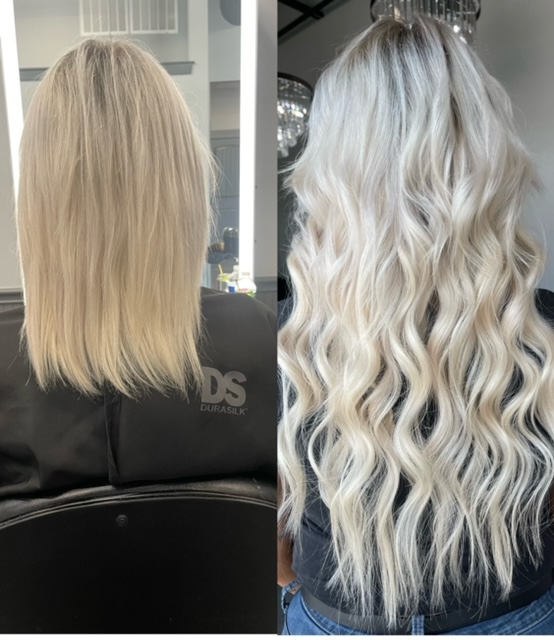 Before and after image of platinum blonde hair extensions and styling at Shelley's Hair, Body, and Skin in Belton, TX
