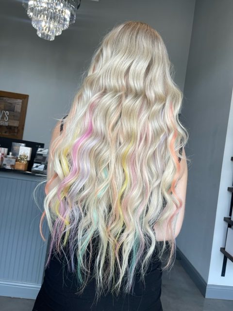 rainbow and pearlescent hair extensions at Shelley's hair and spa in Belton, TX