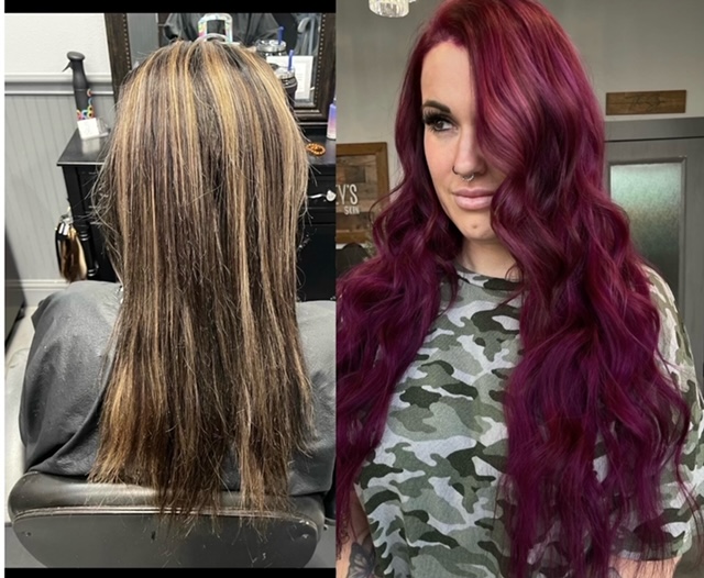 Before and after images of hair color, extensions, and styling at Shelley's Hair, Body, and Skin in Belton, TX
