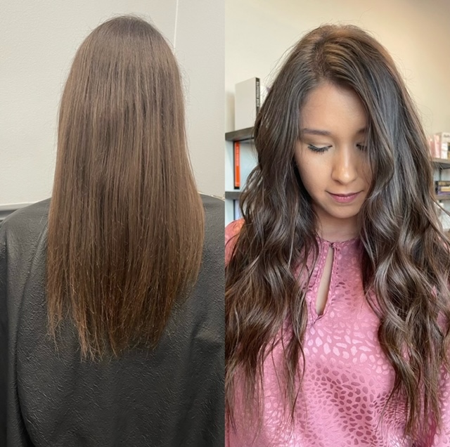 Before and after images of brown hair extensions and styling at Shelley's Hair, Body, and Skin in Belton, TX