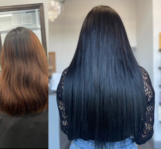 Before and after images of woman's black hair extensions at Shelley's Hair, Body, and Skin in Belton, TX