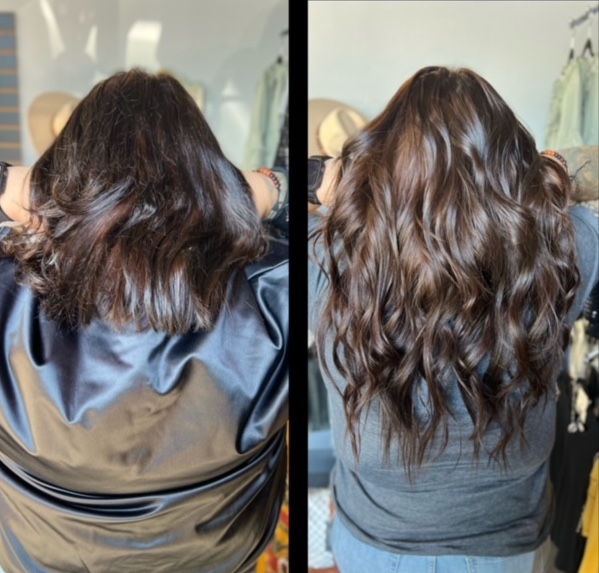 Before and after image of dark brown hair extensions and styling at Shelley's Hair, Body, and Skin in Belton, TX