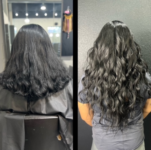 Before and after image of black hair extensions and styling at Shelley's Hair, Body, and Skin in Belton, TX